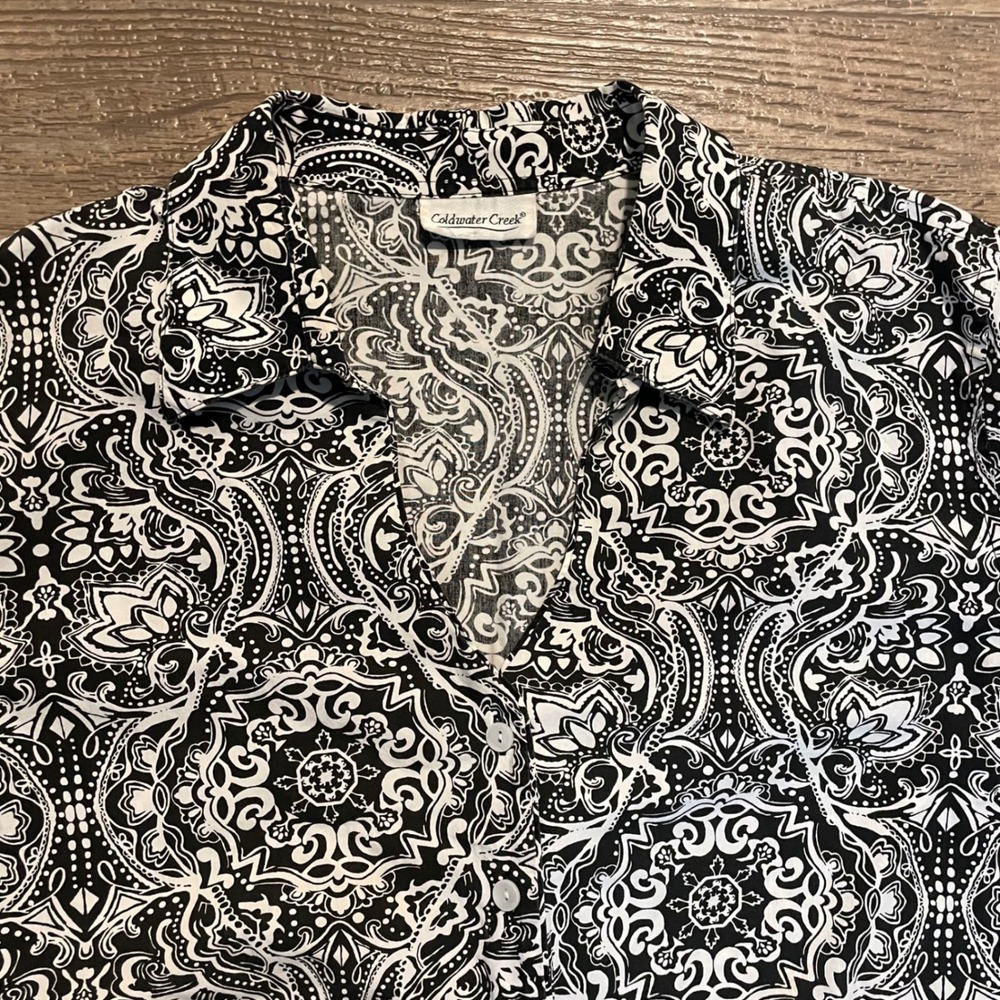Coldwater Creek Womens Black White Paisley Print Long Sleeve Button Up Shirt Top